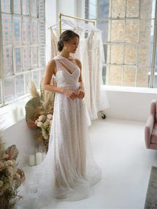 Gorgeous Sequin Tulle Long Sheath Wedding Dresses, Shiny Wedding Dresses, Bridal Gown, Luxury Prom Dresses