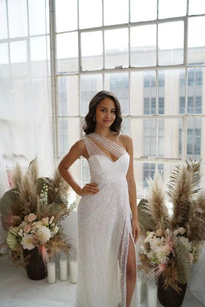 Gorgeous Sequin Tulle Long Sheath Wedding Dresses, Shiny Wedding Dresses, Bridal Gown, Luxury Prom Dresses