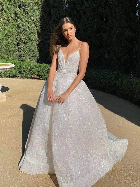 Spaghetti Long A-line Shiny Sequin Tulle Wedding Dresses, Luxury Prom Dresses, Newest Bridal Gown, 2022 Prom Dresses