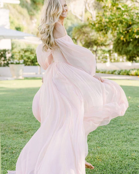 Off Shoulder Blush Pink Chiffon Long Wedding Dresses, Simple Wedding Dresses, A-line Wedding Dresses, 2022 Wedding Dresses