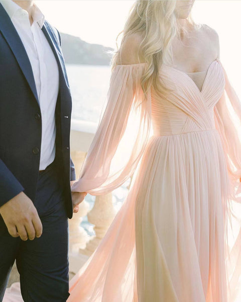 Off Shoulder Blush Pink Chiffon Long Wedding Dresses, Simple Wedding Dresses, A-line Wedding Dresses, 2022 Wedding Dresses