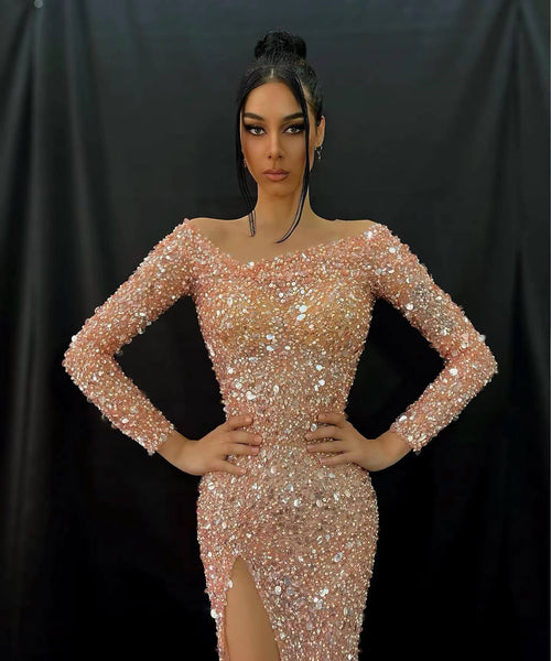 Sexy Sheath High Slit Prom Dresses, Luxury Beaded Sequin Prom Dresses, Long Prom Dresses, 2022 Prom Dresses