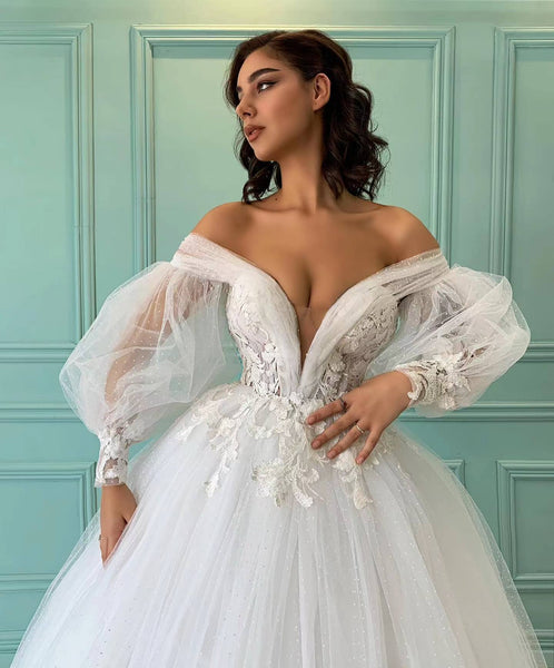 Off Shoulder Long Tulle Lace Wedding Dresses, Ball Gown Wedding Dresses, 2022 Wedding Dresses, Bridal Gown