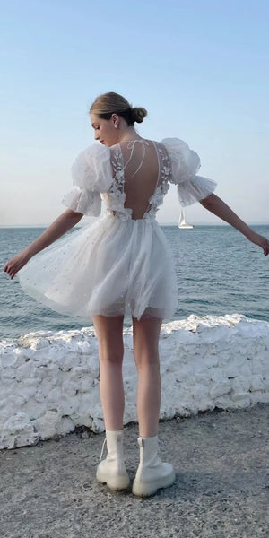 Deep V-neck Ivory Appliques Pearl Wedding Dresses, Short Bridal Gown, Chic Wedding Dresses, Newest 2022 Wedding Dresses