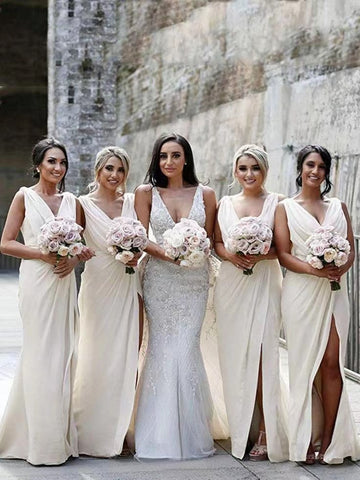 Popular V-neck Chiffon Bridesmaid Dresses, Sheath Bridesmaid Dresses, Slit Long Bridesmaid Dresses, Cheap Bridesmaid Dresses