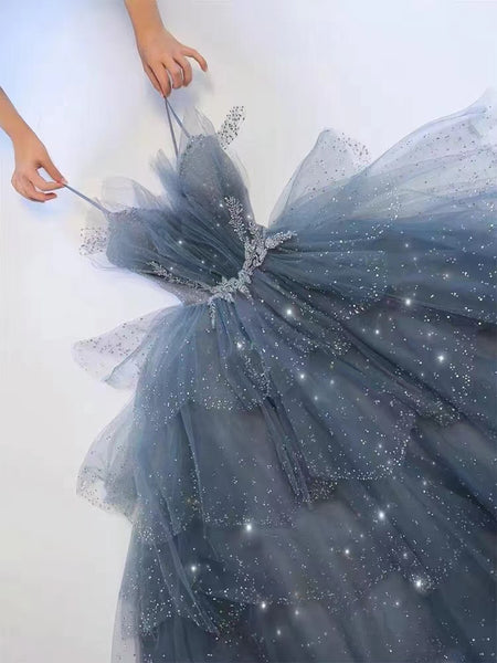 Dusty Blue Fluffy Ruffled Beaded Prom Dresses, Princess Prom Dresses, A-line Prom Dresses, Newest 2022 Prom Dresses, Party Dresses