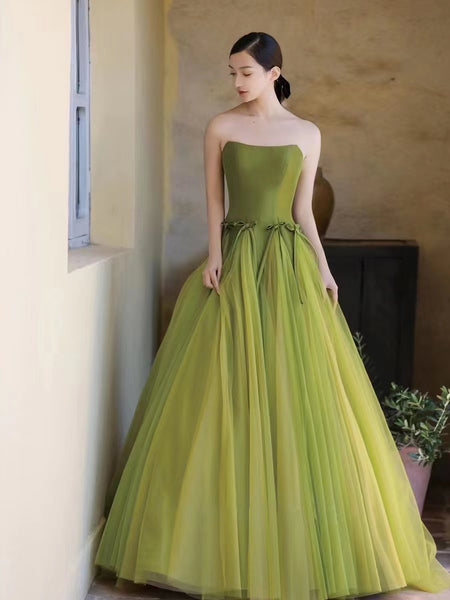 Lovely Avocado Green Satin Tulle Prom Dresses, Party Dresses, Formal Gown, Long Prom Dresses, 2022 A-line Prom Dresses