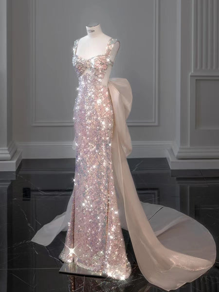 Straps Mermaid Shiny Prom Dresses, Mermaid Collection Long Prom Dresses, Newest 2022 Party Dresses With Detachable Train