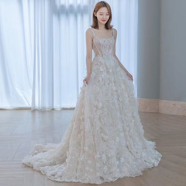 Straps Long A-line Wedding Dresses, Lace 3D Floral Wedding Dresses, Newest Luxury Handmade Wedding Dresses