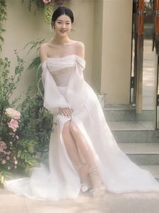 Off Shoulder Long A-line Organza Wedding Dresses, Boho Wedding Dresses, Affordable Wedding Dresses