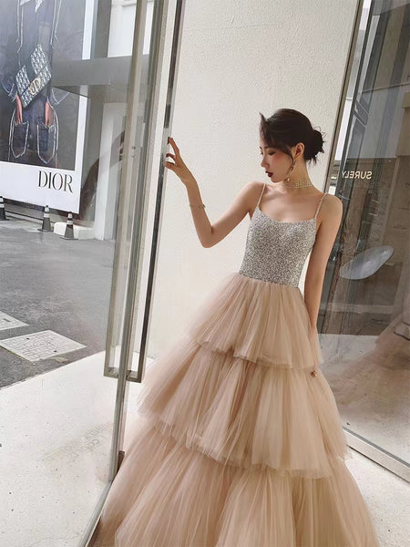 Spaghetti Long A-line Rhinestone Beaded Prom Dresses, Cake Dresses, Newest Prom Dresses, Affordable Prom Dresses