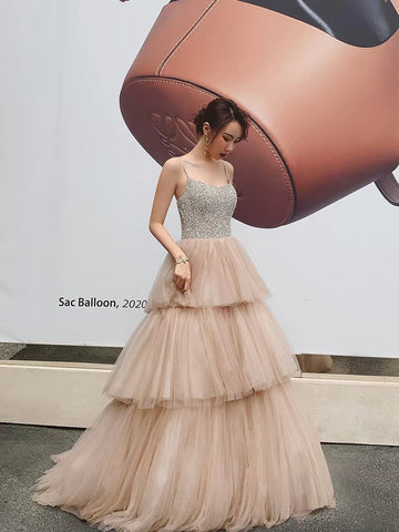 Spaghetti Long A-line Rhinestone Beaded Prom Dresses, Cake Dresses, Newest Prom Dresses, Affordable Prom Dresses