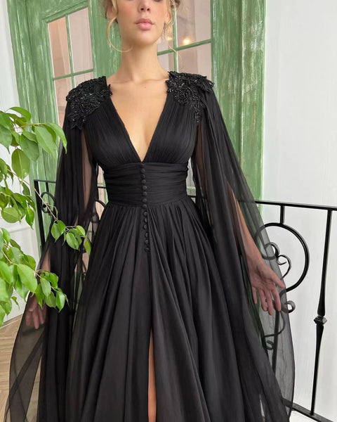 V-neck Black Tulle Prom Dresses, Elegant Prom Dresses, Newest 2022 Prom Dresses, A-line Prom Dresses