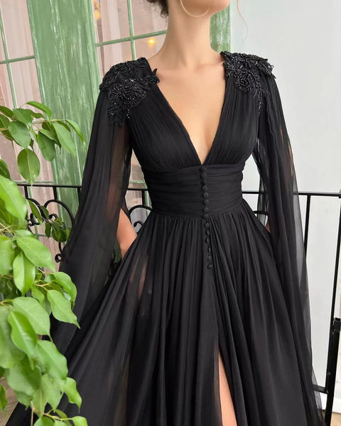 V-neck Black Tulle Prom Dresses, Elegant Prom Dresses, Newest 2022 Prom Dresses, A-line Prom Dresses