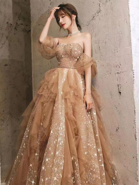 Lovely Dark Champagne Star Gliter Prom Dresses, Newest Prom Dresses, A-line Prom Dresses