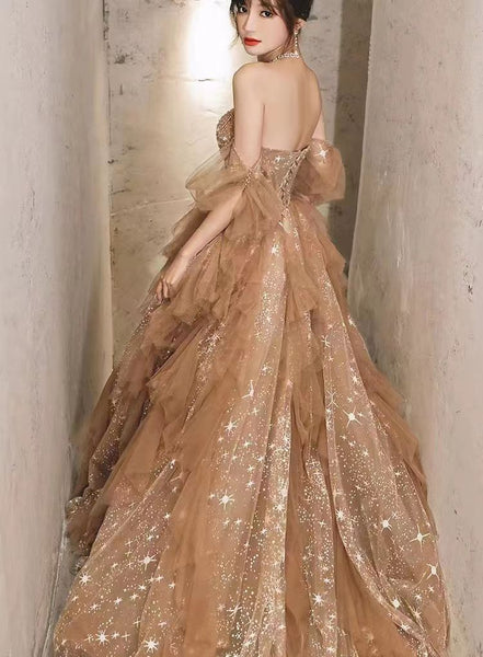 Lovely Dark Champagne Star Gliter Prom Dresses, Newest Prom Dresses, A-line Prom Dresses
