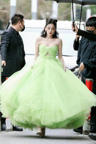 Sweetheart A-line Green Tulle Prom Dresses, Fluffy Prom Dresses, Celebrity Dresses, Affordable Prom Dresses