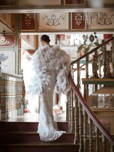 Silver Sequin Mermaid Shiny Prom Dresses With Feather Wraps, Luxury Prom Dresses, Newest High Fishion Prom Dresses