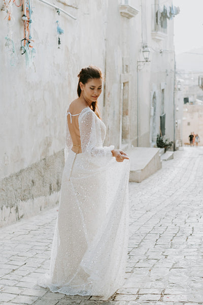 Long Sleeves Sequins Beaded Wedding Dresses, Simple Bridal Dresses, Newest 2023 Long Prom Dresses