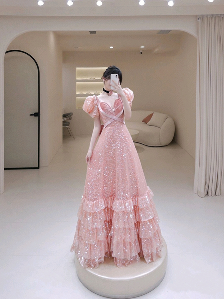 Shiny Pink Sequin Prom Dresses, Bubble Sleeves Princess Dresses, Formal Dresses, 2023 Evening Dresses, A-line Prom Dresses
