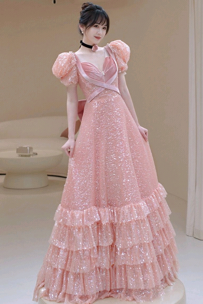 Shiny Pink Sequin Prom Dresses, Bubble Sleeves Princess Dresses, Formal Dresses, 2023 Evening Dresses, A-line Prom Dresses