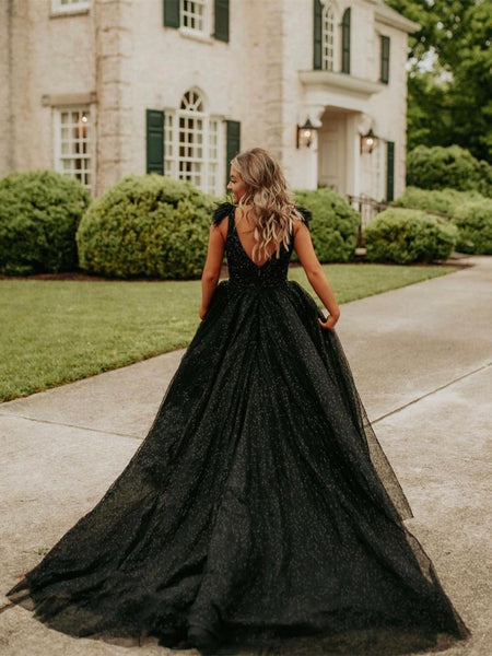 Deep V-neck Black Sequin Tulle Prom Dresses, A-line Girls' Party Dresses, Graduation Party Dresses, 2023 Prom Dresses