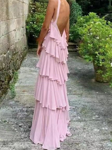 Ruffled Pink Cake Dresses, A-line Chiffon Prom Dresses, Beachy Prom Dresses, Newest Prom Dresses