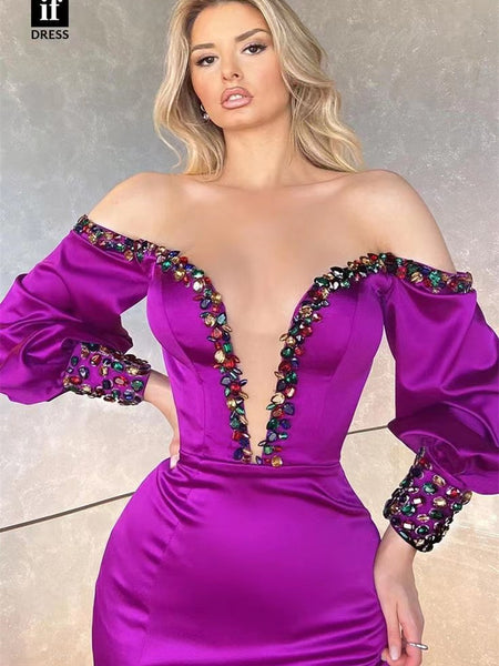 Deep V-neck Bubble Sleeves Soft Satin Prom Dresses With Gorgeous Rhinestone Neckline, Mermaid Prom Dresses, 2023 Prom Dresses