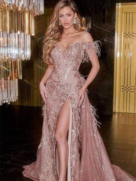 Off the Shoulder Shiny Sequin Tulle Prom Dresses With Feathers, Gorgeous 2023 Prom Dresses, Long Prom Dresses