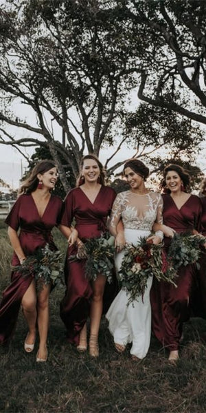 V-neck Boho Half Sleeves Burgundy Elastic Satin Bridesmaid Dresses, Long Bridesmaid Dresses