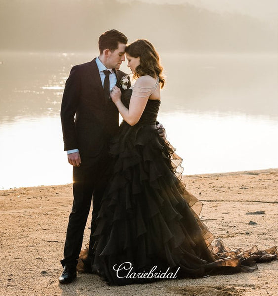 Sweetheart Black Wedding Dresses, Strapless Unique Wedding Dresses