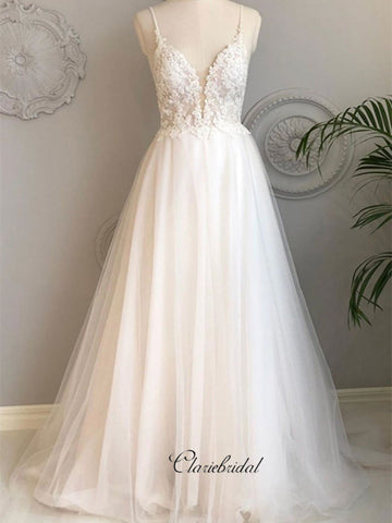 Spaghetti Straps Tulle Wedding Dresses, Lace Open Back Trendy Wedding Dresses