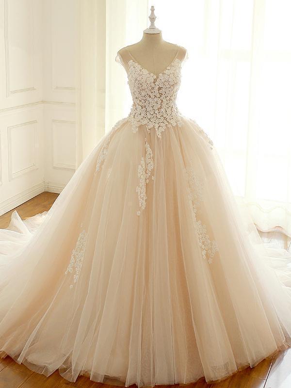 V-neck Lace Tulle Wedding Dresses, Appliques Bridal Gown