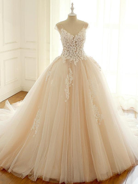V-neck Lace Tulle Wedding Dresses, Appliques Bridal Gown