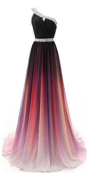 One Shoulder Beaded Gradient Chiffon Prom Dresses, Newest Prom Dresses, Prom Dresses