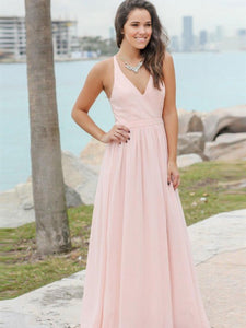 V-neck Blush Pink Chiffon Lace Bridesmaid Dresses, A-line Bridesmaid Dresses, Long Bridesmaid Dresses