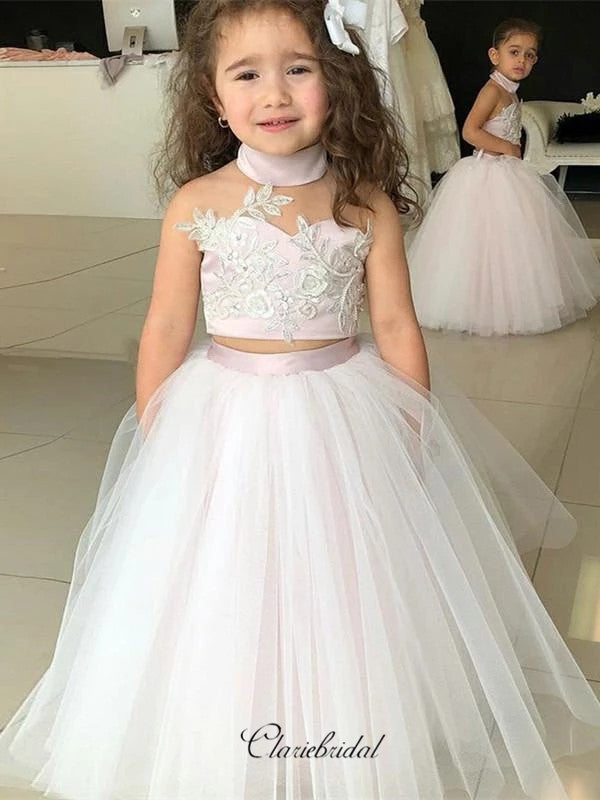 Two Pieces Design Flower Girl Dresses, Halter Lace Flower Girl Dresses