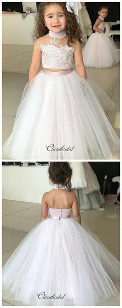 Two Pieces Design Flower Girl Dresses, Halter Lace Flower Girl Dresses