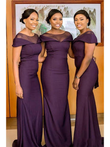 Elegant Long Mermaid Purple Bridesmaid Dresses, Short Sleeves Bridesmaid Dresses, Cheap Bridesmaid Dresses