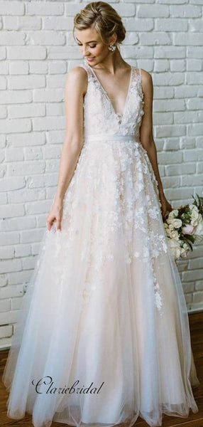 Fancy A-line Wedding Dresses, Appliques Elegant Bridal Gowns, V-neck Wedding Dresses