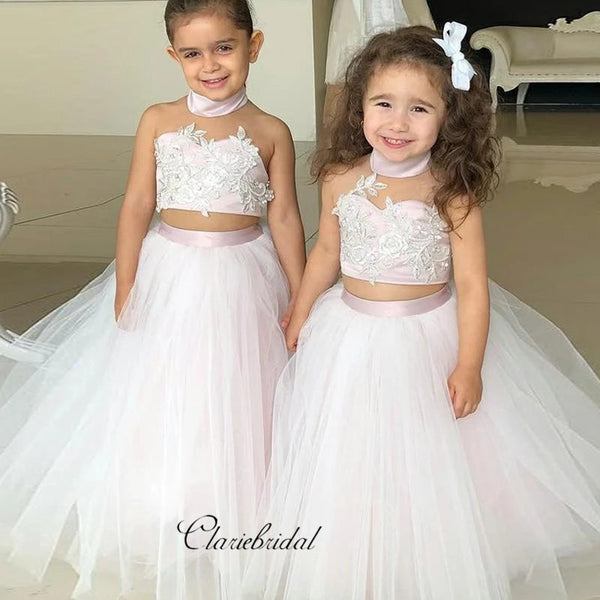 Two Pieces Design Flower Girl Dresses, Halter Lace Flower Girl Dresses