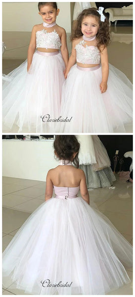 Two Pieces Design Flower Girl Dresses, Halter Lace Flower Girl Dresses