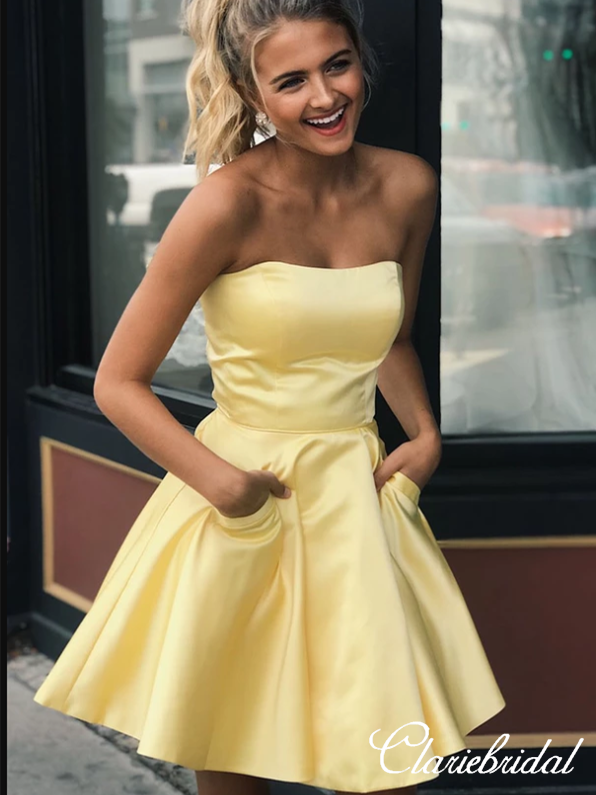 Strapless Yellow Satin Short Homecoming Dresses With Pockets