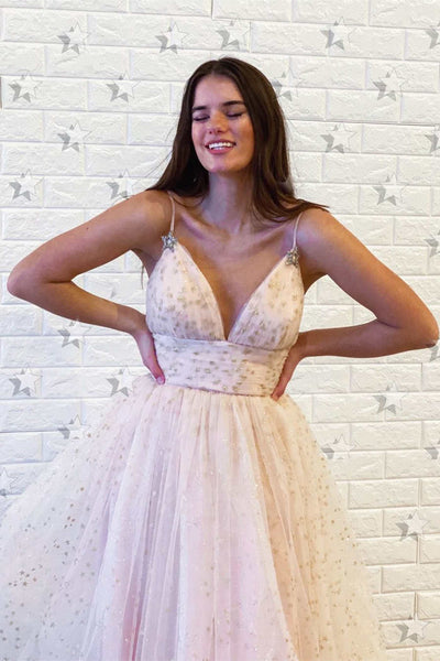 Spaghetti Long A-line Star Sequin Tulle Prom Dresses, Shiny Prom Evening Dresses