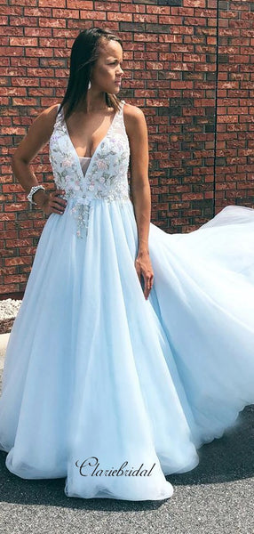Tulle Elegant V-neck Prom Dresses, Appliques 2020 Prom Dresses, Evening Party Prom Dresses