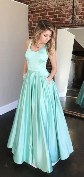 Satin A-line Newest Prom Dresses, Long Prom Dresses With Pocket