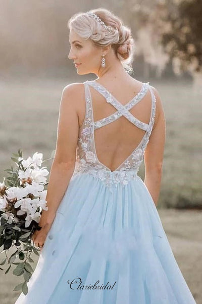 Tulle Elegant V-neck Prom Dresses, Appliques 2020 Prom Dresses, Evening Party Prom Dresses