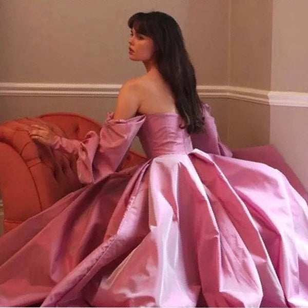Square Nekline Classic Satin Prom Dresses, Bubble Sleeves Prom Dresses, 2021 Prom Dresses