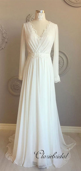 Long Sleeves V-neck Wedding Dresses, Simple Design Chiffon Lace Wedding Dresses