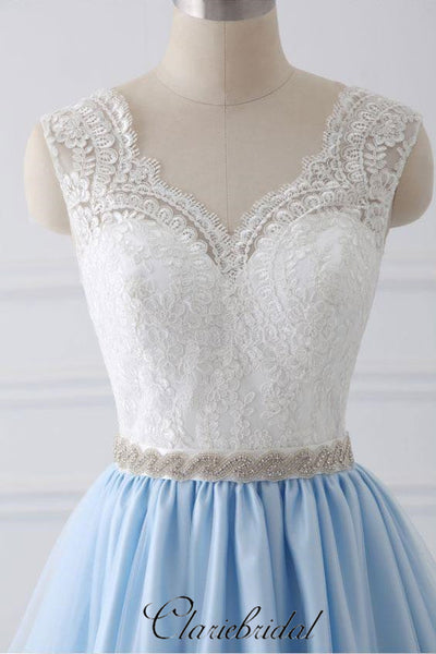 Light Blue Color Lace V-neck Prom Dresses, Long Prom Dresses 2019, A-line Prom Dresses